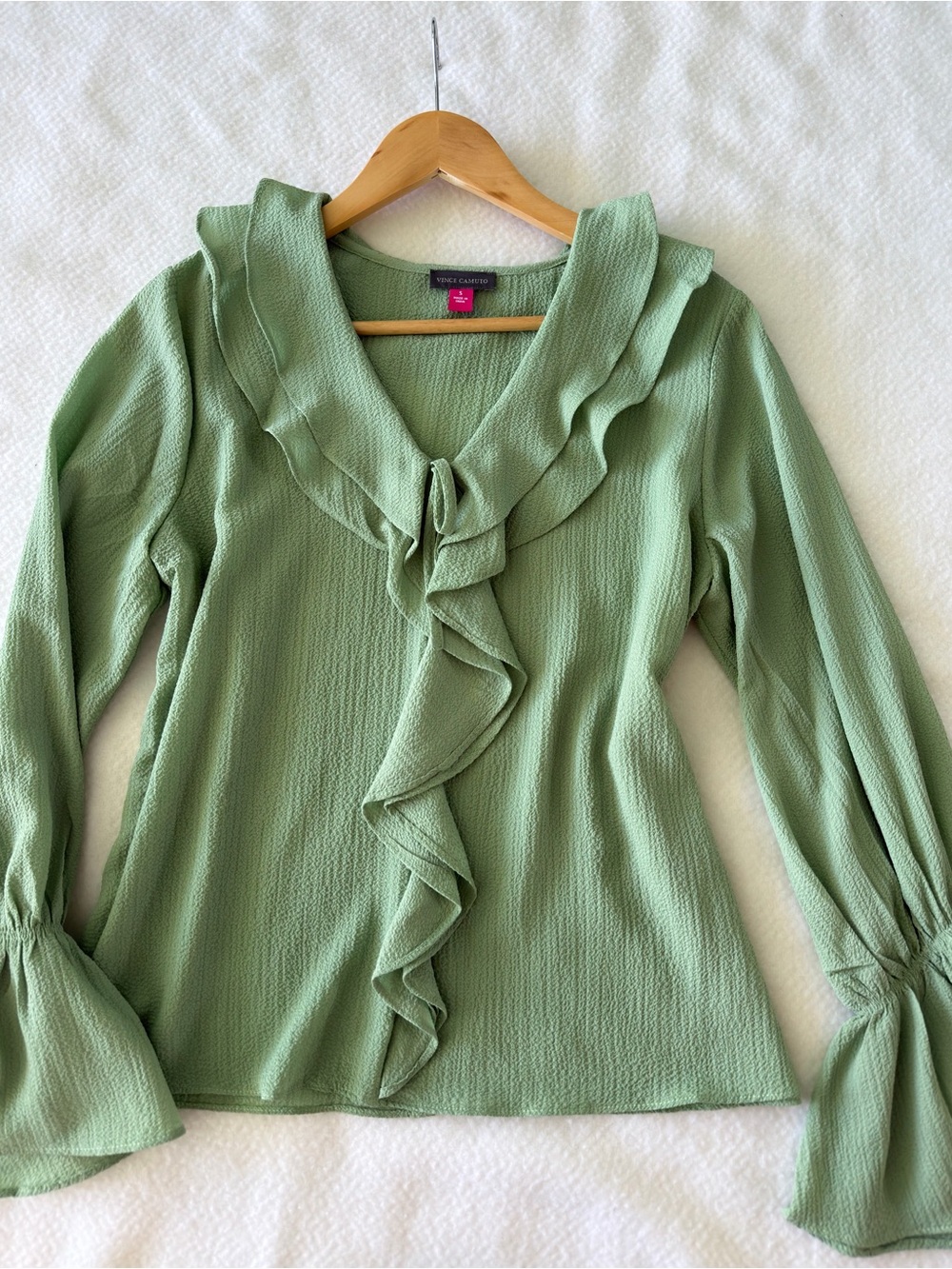 Vince Camuto Sage Green Ruffle V-Neck Blouse